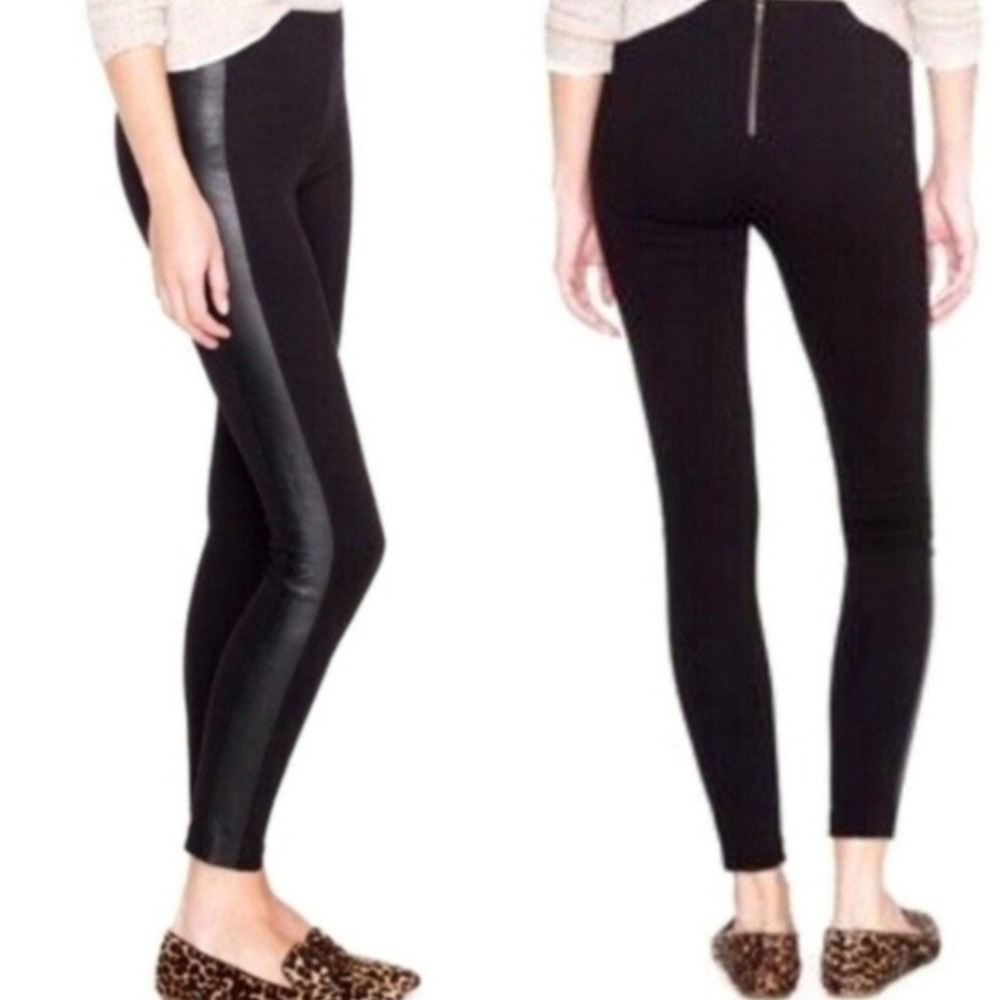 J. Crew SZ 0R Pixie Legging Black Leather Tuxedo Side Stripe Ponte Back Zip